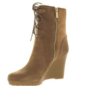 Michael Kors Suede Wedge Boots Lace Up Women's Size 8M Tan Shearling Lined